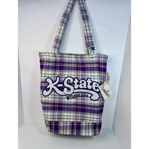 Press Box K-State Wildcats Tote Bag Purple Plaid Cotton 16" x 14" Kansas NEW